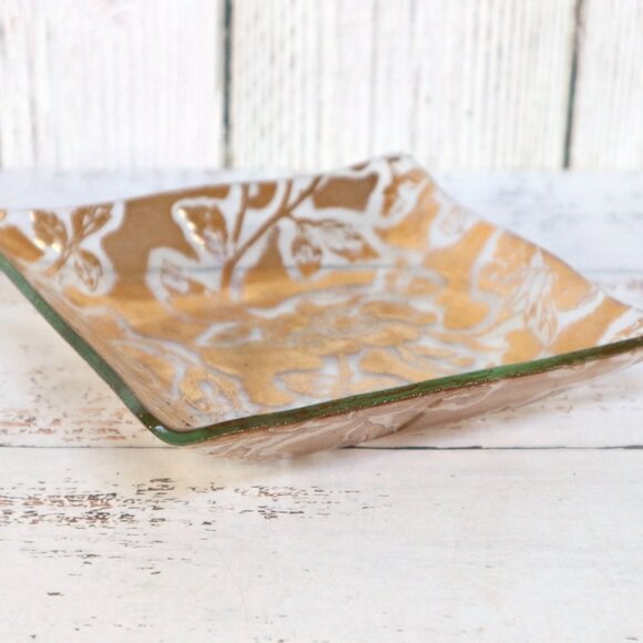 Mid-Century 22K Gold Leaf Trinket Dish Floral Glass Tray Jewelry Catch-All - Picture 2 of 6